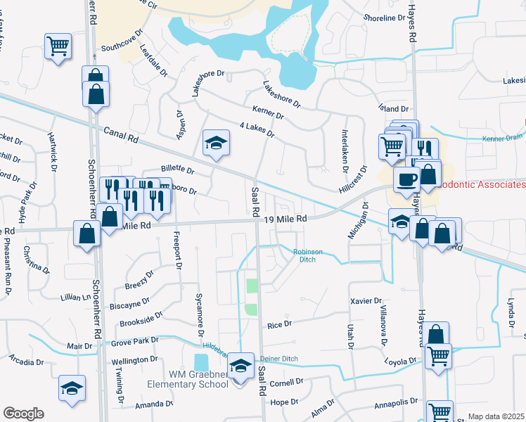 map of restaurants, bars, coffee shops, grocery stores, and more near 42945 Richmond Drive in Sterling Heights