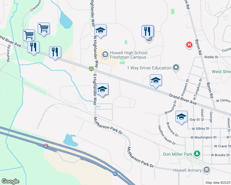 map of restaurants, bars, coffee shops, grocery stores, and more near 1333 West Grand River Avenue in Howell