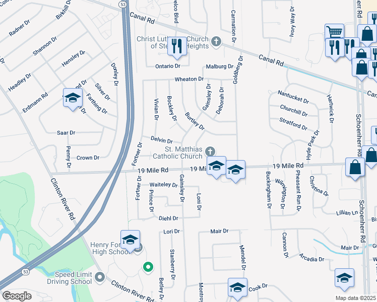 map of restaurants, bars, coffee shops, grocery stores, and more near 12119 19 Mile Road in Sterling Heights