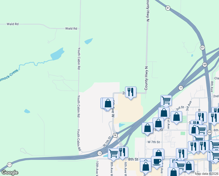map of restaurants, bars, coffee shops, grocery stores, and more near 305 2nd Street North in Monroe