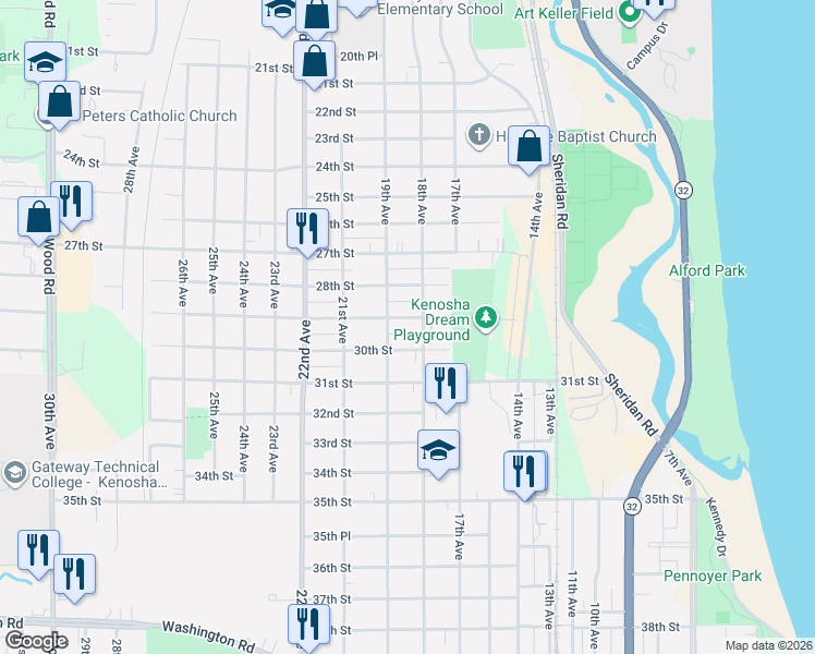 map of restaurants, bars, coffee shops, grocery stores, and more near 1830 29th Street in Kenosha