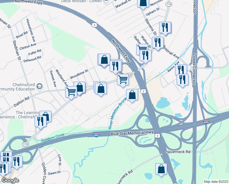 map of restaurants, bars, coffee shops, grocery stores, and more near 299 Chelmsford Street in Chelmsford