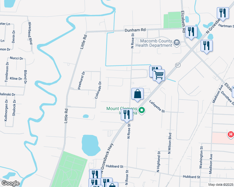 map of restaurants, bars, coffee shops, grocery stores, and more near 152 Parnacott Drive in Mount Clemens