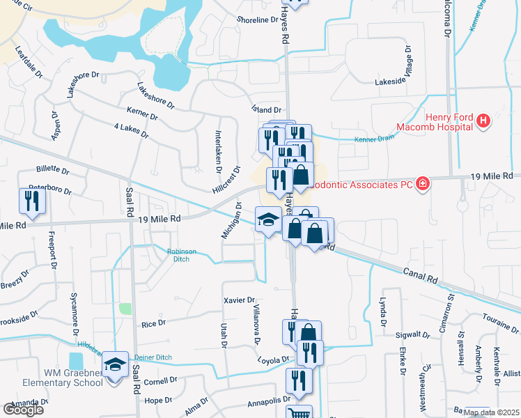 map of restaurants, bars, coffee shops, grocery stores, and more near 15100 19 Mile Road in Sterling Heights