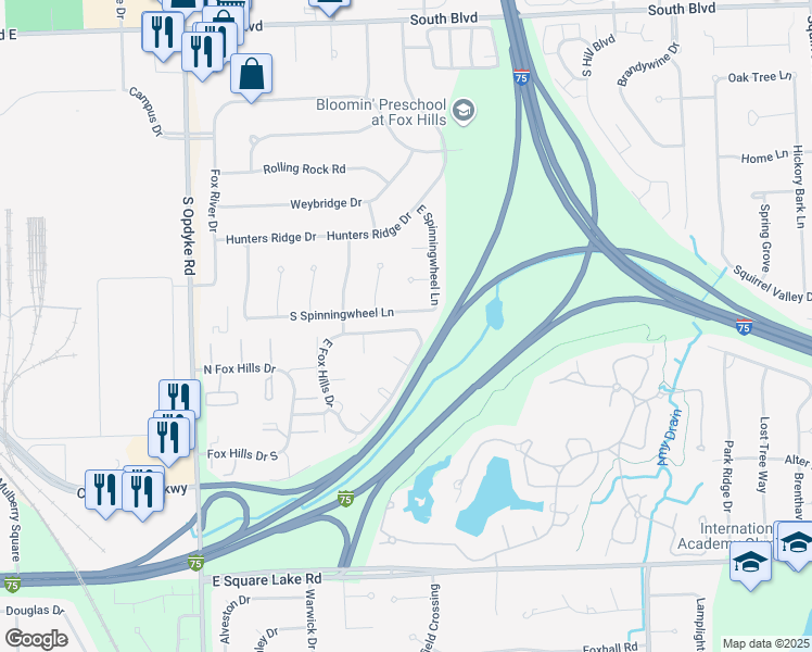map of restaurants, bars, coffee shops, grocery stores, and more near 663 South Spinningwheel Lane in Bloomfield Hills