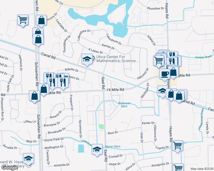 map of restaurants, bars, coffee shops, grocery stores, and more near 14309 Vauxhall Drive in Sterling Heights