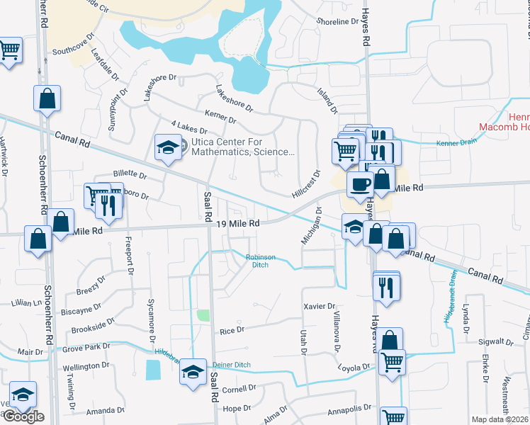 map of restaurants, bars, coffee shops, grocery stores, and more near 43038 Hillcrest Drive in Sterling Heights