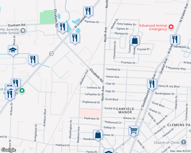 map of restaurants, bars, coffee shops, grocery stores, and more near 200 Elizabeth Street in Mount Clemens