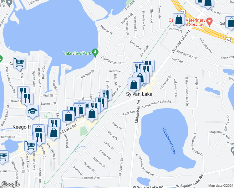 map of restaurants, bars, coffee shops, grocery stores, and more near 2407 Avondale Street West in Sylvan Lake