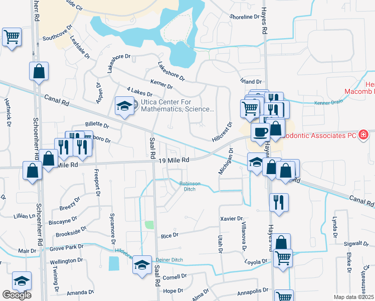 map of restaurants, bars, coffee shops, grocery stores, and more near 43085 Burlington Drive in Sterling Heights