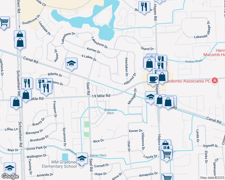 map of restaurants, bars, coffee shops, grocery stores, and more near 43045 Burlington Drive in Sterling Heights