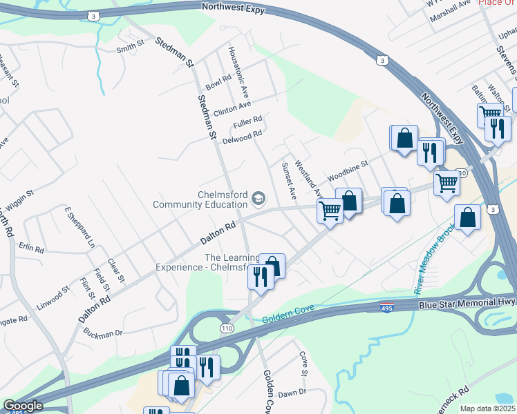 map of restaurants, bars, coffee shops, grocery stores, and more near 170 Dalton Road in Chelmsford