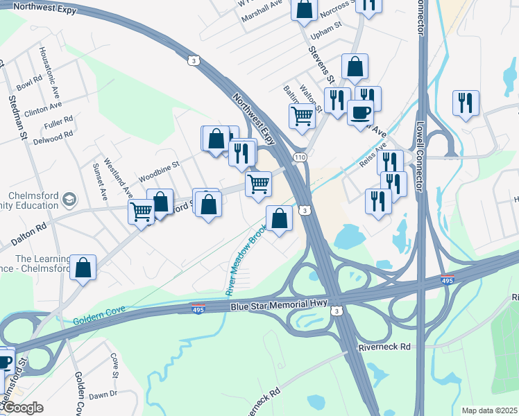 map of restaurants, bars, coffee shops, grocery stores, and more near 299 Chelmsford Street in Chelmsford