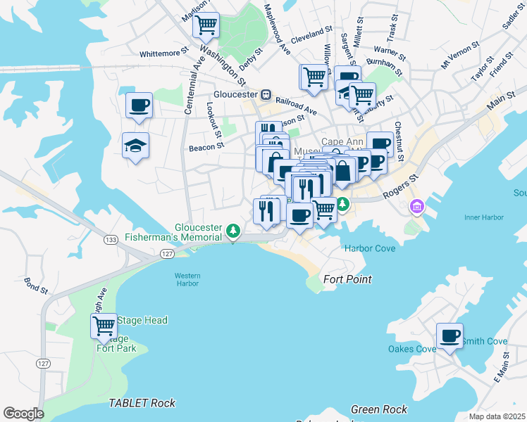 map of restaurants, bars, coffee shops, grocery stores, and more near 16 Mansfield Street in Gloucester