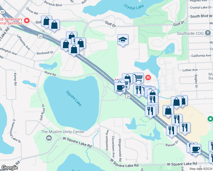 map of restaurants, bars, coffee shops, grocery stores, and more near 1200 Ward Road in Bloomfield Township