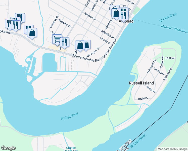 map of restaurants, bars, coffee shops, grocery stores, and more near 120 Saint Clair River Drive in Algonac