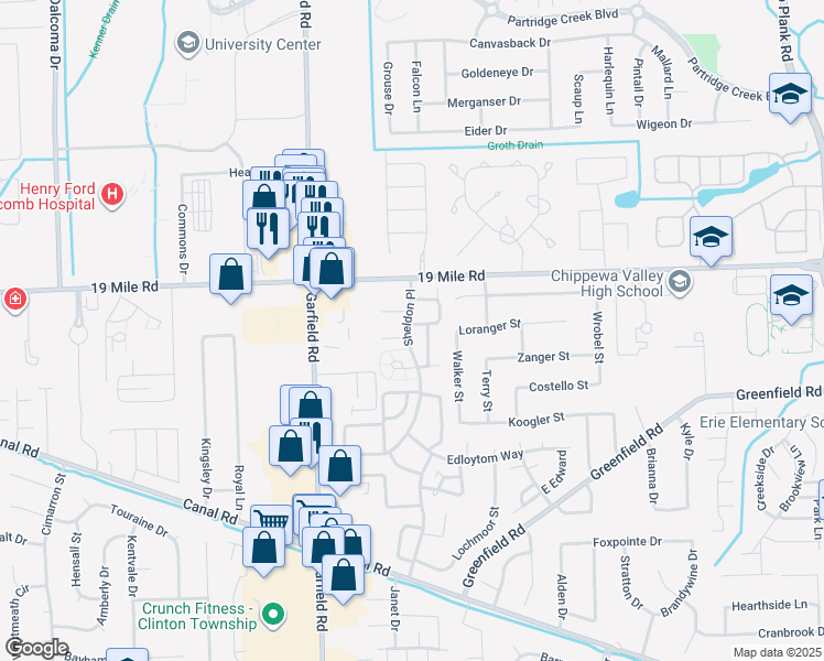 map of restaurants, bars, coffee shops, grocery stores, and more near 42712 Elizabeth Circle in Clinton Township