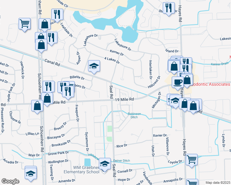 map of restaurants, bars, coffee shops, grocery stores, and more near 43147 Strand Drive in Sterling Heights