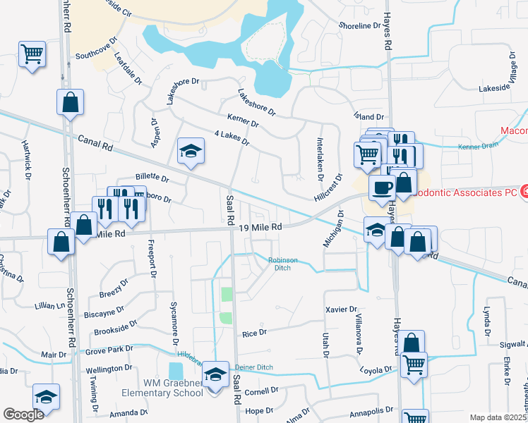 map of restaurants, bars, coffee shops, grocery stores, and more near 14483 Canal Road in Sterling Heights