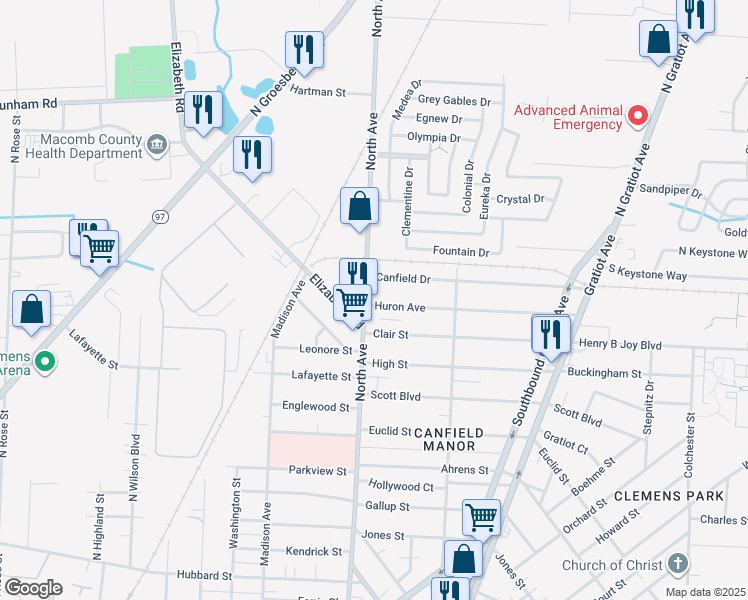 map of restaurants, bars, coffee shops, grocery stores, and more near 322 North Avenue in Mount Clemens