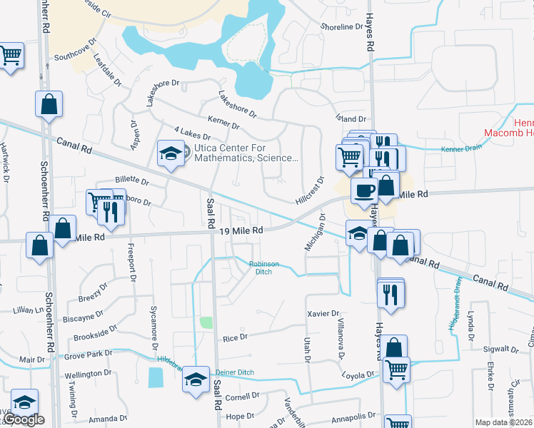 map of restaurants, bars, coffee shops, grocery stores, and more near 43038 Hillcrest Drive in Sterling Heights