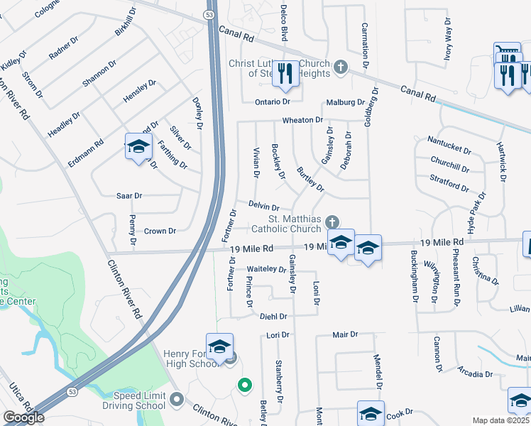 map of restaurants, bars, coffee shops, grocery stores, and more near 11917 Delvin Drive in Sterling Heights