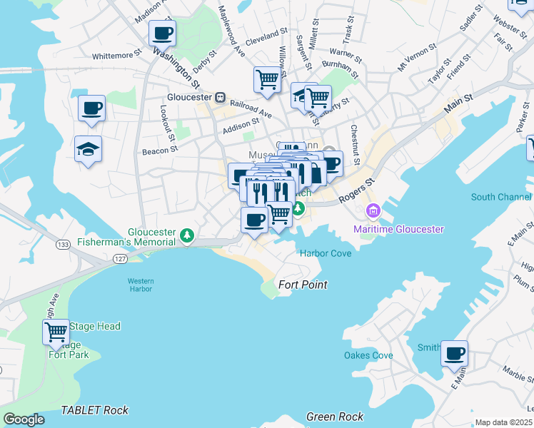 map of restaurants, bars, coffee shops, grocery stores, and more near 68 Rogers Street in Gloucester