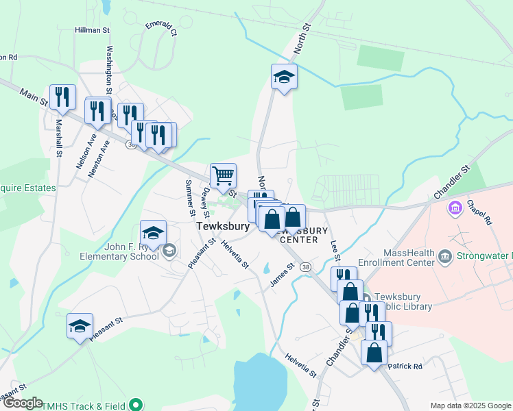 map of restaurants, bars, coffee shops, grocery stores, and more near 1040 Massachusetts 38 in Tewksbury