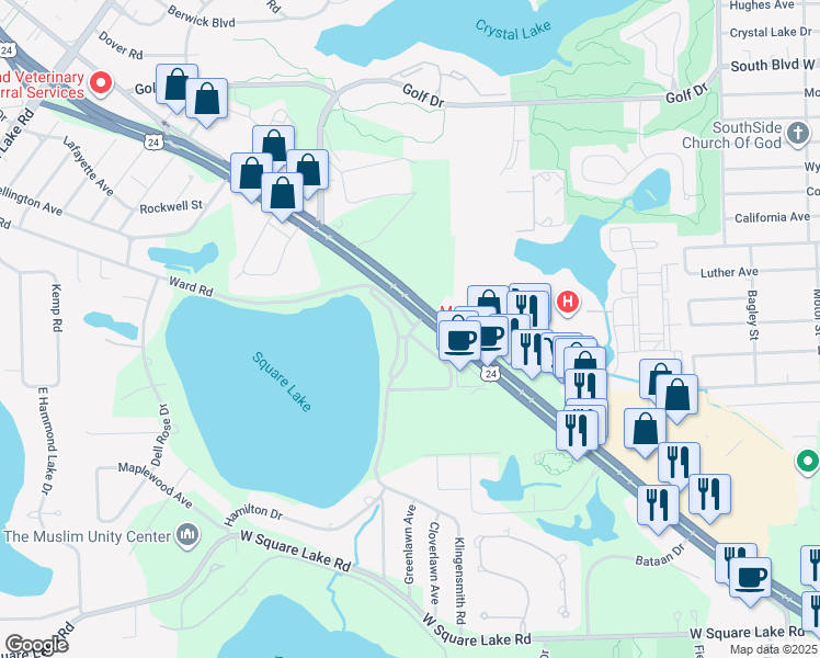 map of restaurants, bars, coffee shops, grocery stores, and more near 1200 Ward Road in Bloomfield Township