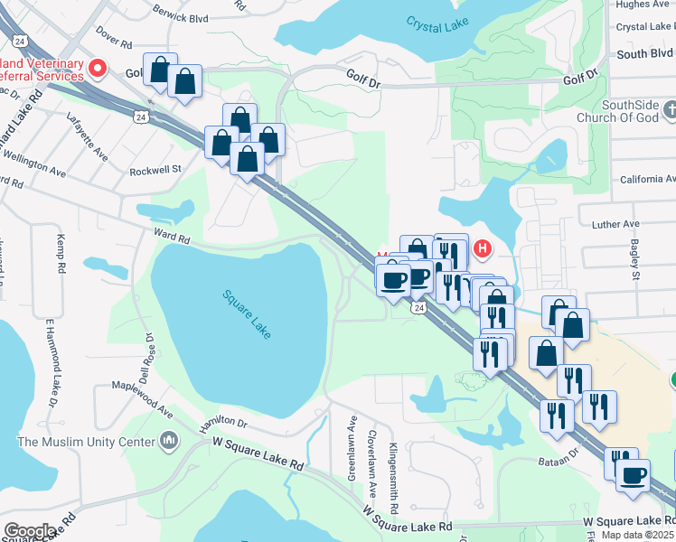 map of restaurants, bars, coffee shops, grocery stores, and more near 1200 Ward Road in Bloomfield Township