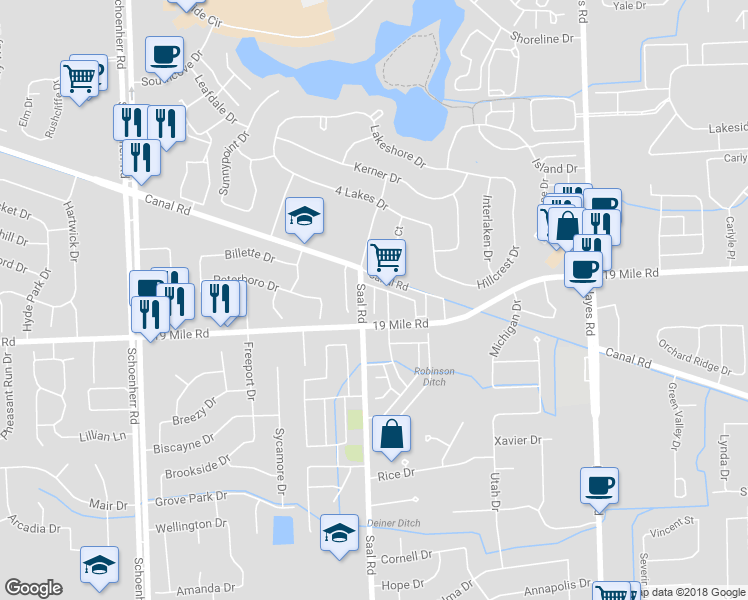 map of restaurants, bars, coffee shops, grocery stores, and more near 43191 Strand Drive in Sterling Heights