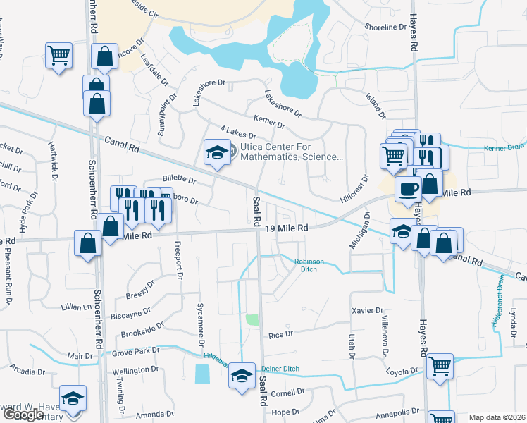 map of restaurants, bars, coffee shops, grocery stores, and more near 43095 Strand Drive in Sterling Heights