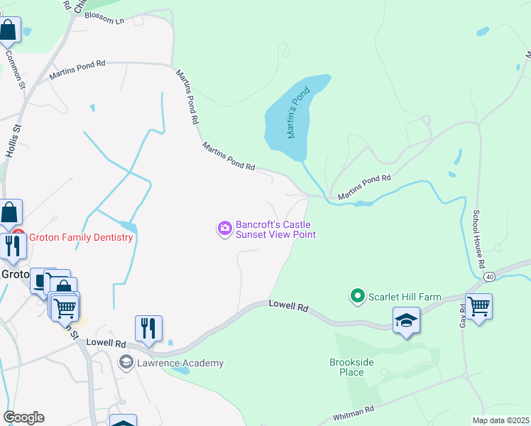 map of restaurants, bars, coffee shops, grocery stores, and more near 284 Martins Pond Road in Groton