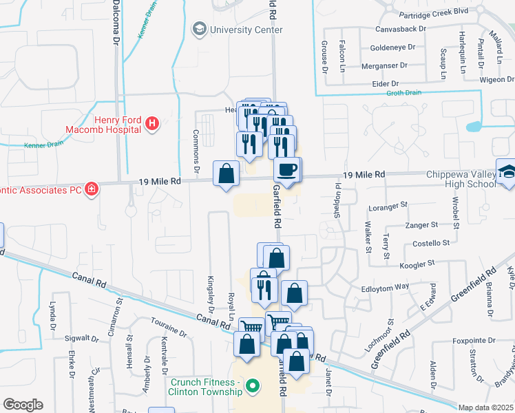 map of restaurants, bars, coffee shops, grocery stores, and more near 42815&42855 Garfield Road in Clinton Township