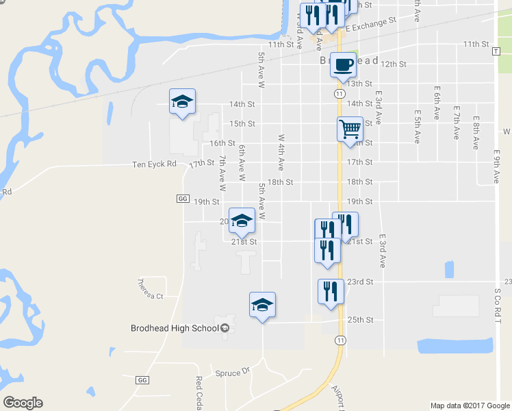 map of restaurants, bars, coffee shops, grocery stores, and more near 1302 19th Street in Brodhead