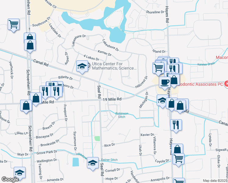 map of restaurants, bars, coffee shops, grocery stores, and more near 14483 Canal Road in Sterling Heights