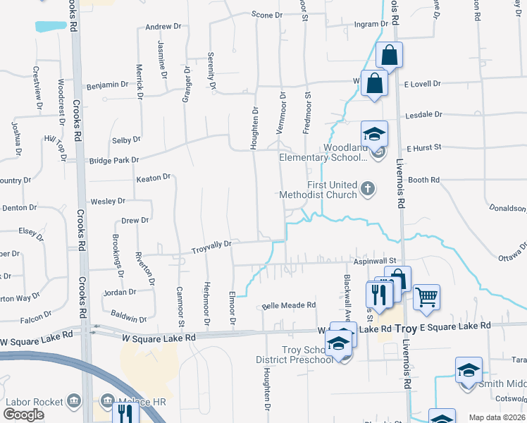map of restaurants, bars, coffee shops, grocery stores, and more near 6406 Houghten Drive in Troy