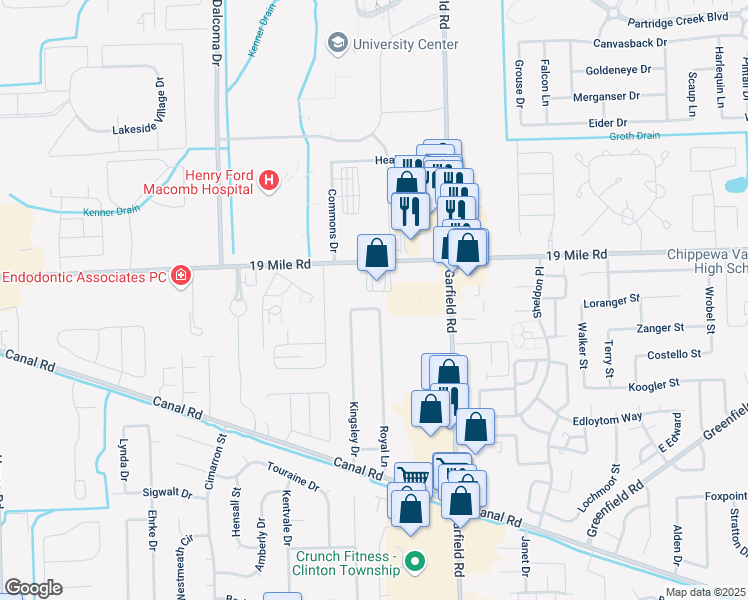 map of restaurants, bars, coffee shops, grocery stores, and more near 16530 19 Mile Road in Clinton Township