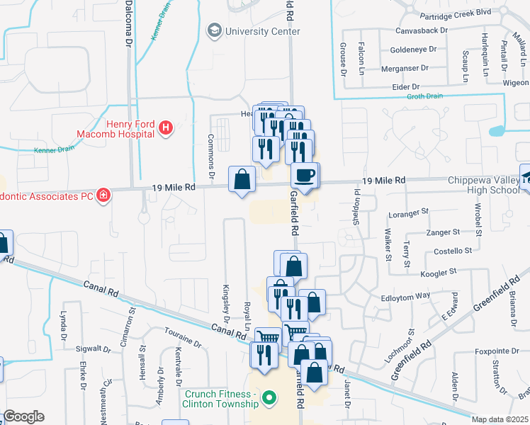 map of restaurants, bars, coffee shops, grocery stores, and more near 42815 Garfield Road in Clinton Township