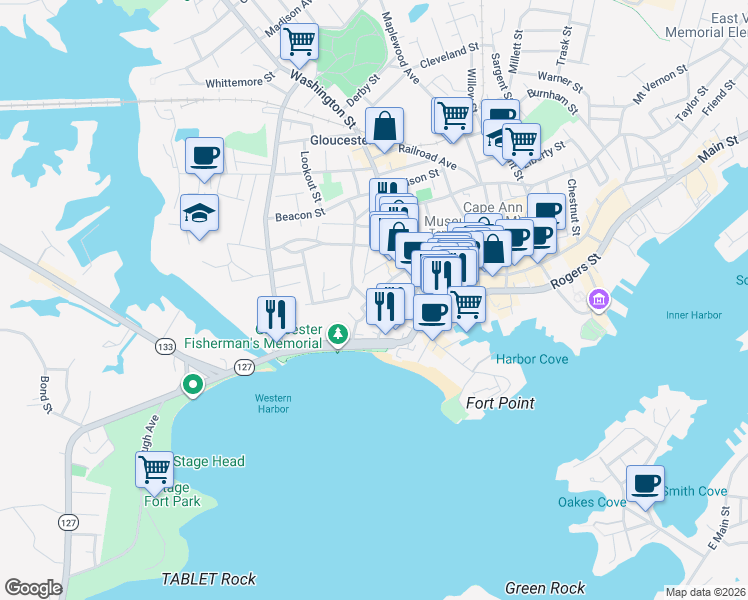 map of restaurants, bars, coffee shops, grocery stores, and more near 26 Mansfield Street in Gloucester