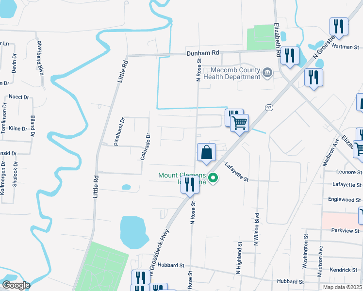 map of restaurants, bars, coffee shops, grocery stores, and more near 120 Parnacott Drive in Mount Clemens