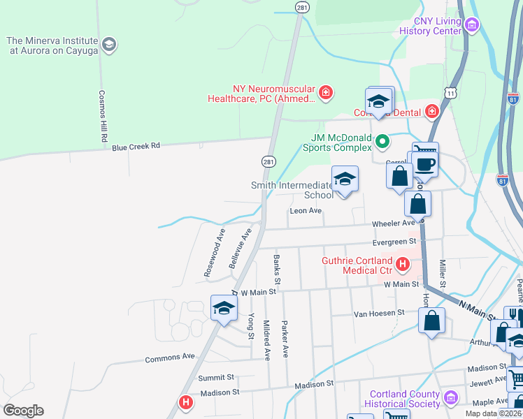 map of restaurants, bars, coffee shops, grocery stores, and more near 13 Harmony Cir in Cortland