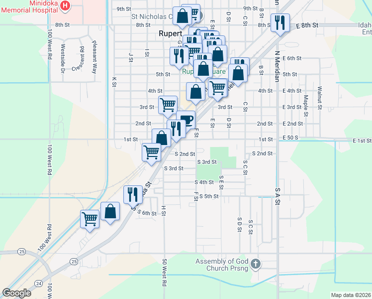 map of restaurants, bars, coffee shops, grocery stores, and more near 617 1st Street in Rupert