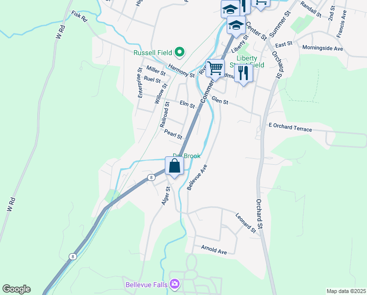 map of restaurants, bars, coffee shops, grocery stores, and more near 123 Grove Street in Adams
