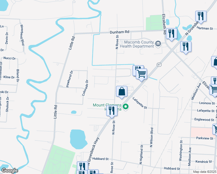 map of restaurants, bars, coffee shops, grocery stores, and more near 120 Parnacott Drive in Mount Clemens
