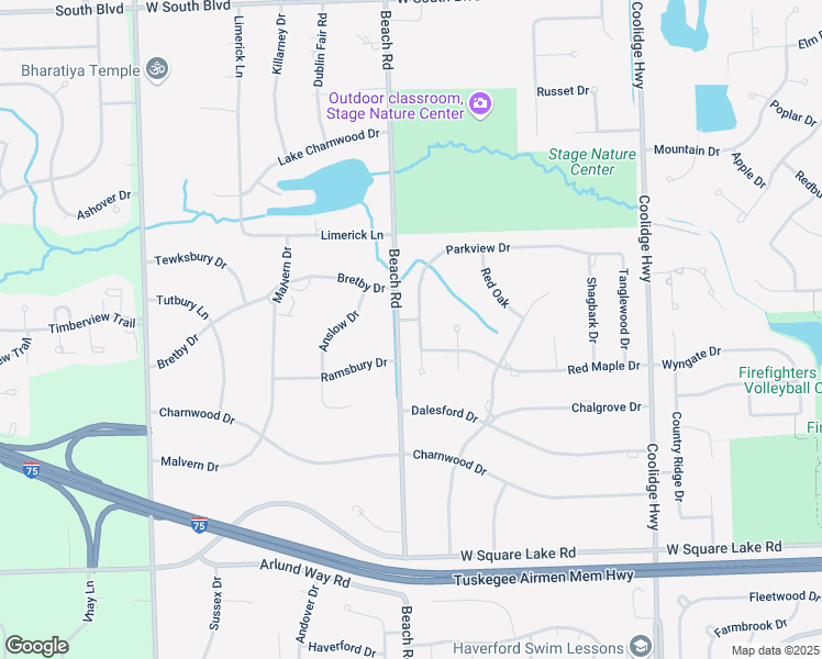 map of restaurants, bars, coffee shops, grocery stores, and more near 6431 Parkview Drive in Troy