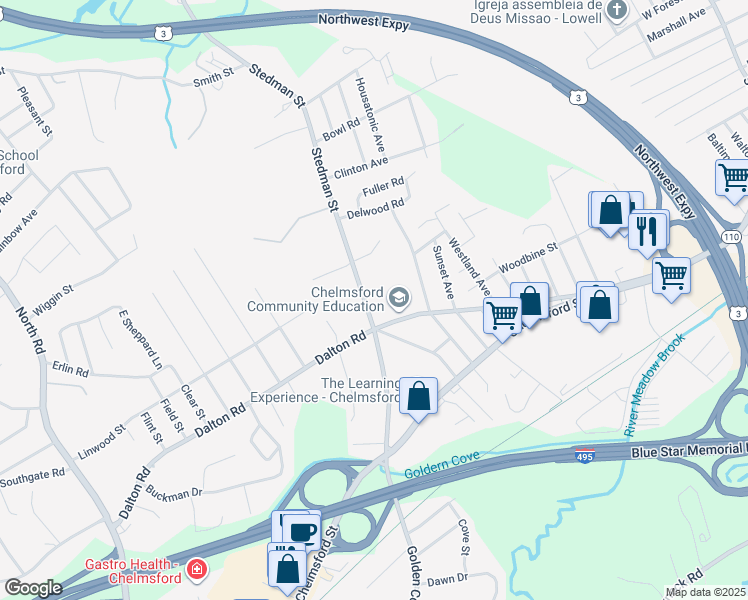 map of restaurants, bars, coffee shops, grocery stores, and more near 45 Stedman Street in Chelmsford