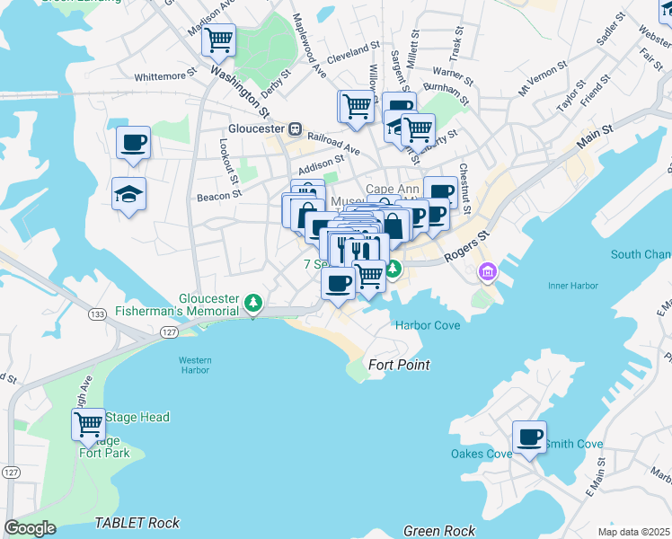 map of restaurants, bars, coffee shops, grocery stores, and more near 17 Washington Street in Gloucester