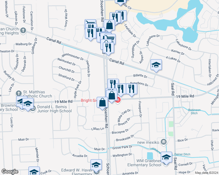 map of restaurants, bars, coffee shops, grocery stores, and more near 43000-43226 Schoenherr Road in Sterling Heights