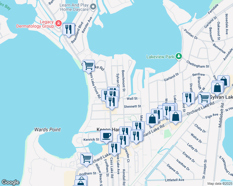 map of restaurants, bars, coffee shops, grocery stores, and more near 2936 Glenbroke Street in Keego Harbor